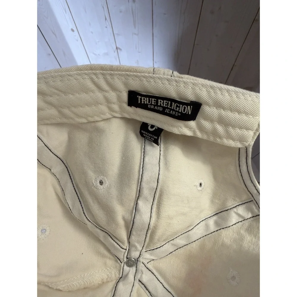 True Religion Y2k White Buddha Logo Distressed Frayed Strapback Hat Adjustable *